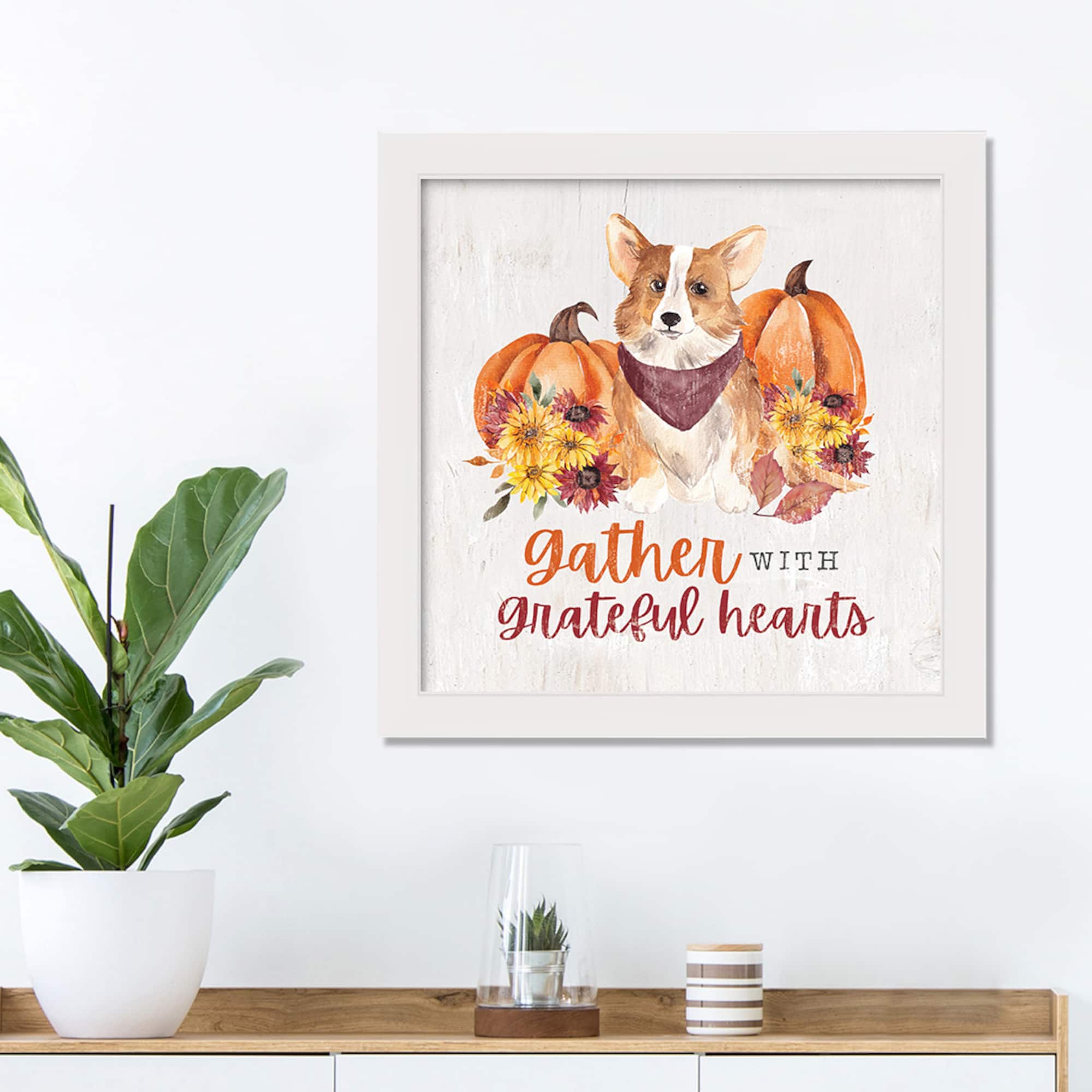 Fall Corgi White Framed Canvas Wall Hanging